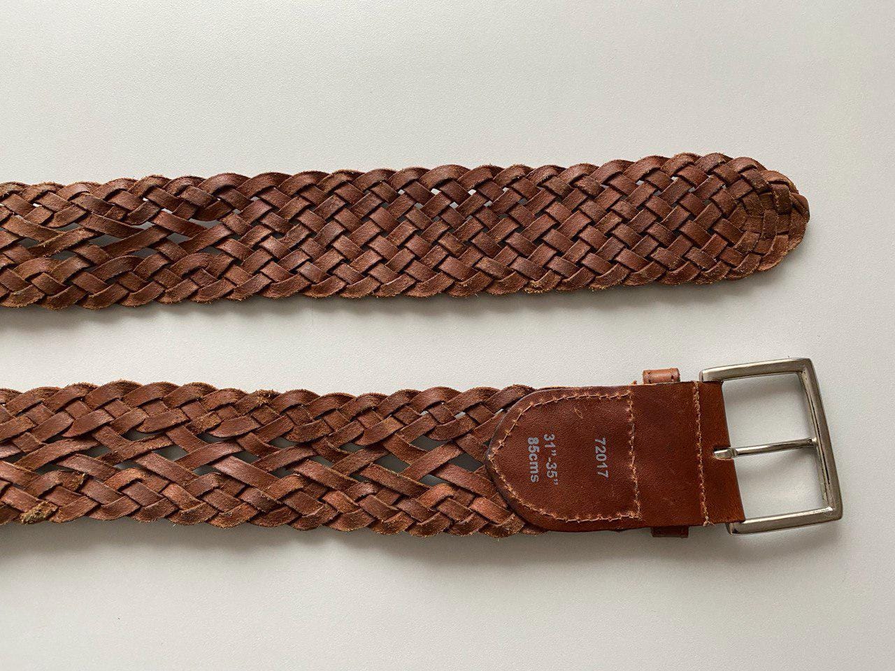 ヴィンテージ ワイド ブラウン 編み込みレザーベルト、M/L サイズ 