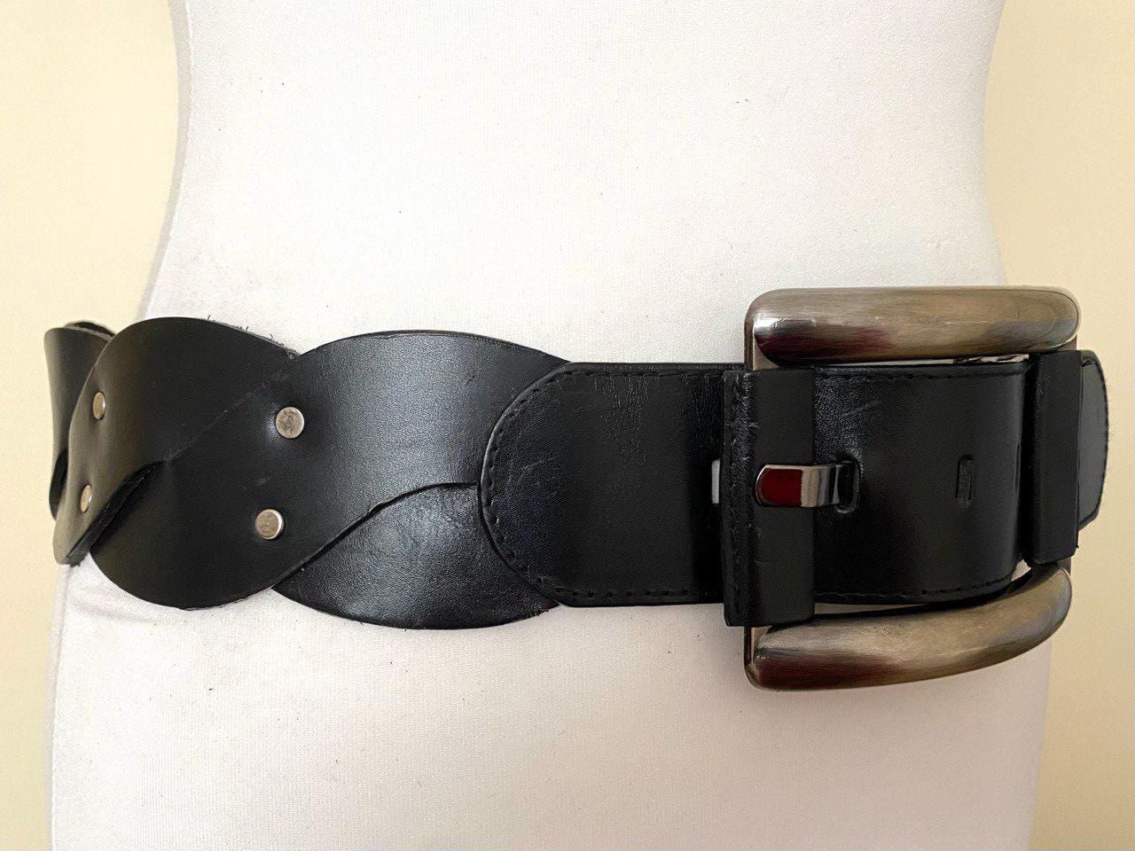 Vintage 80s Wide Leather Belt High Low Waist Black Wide 