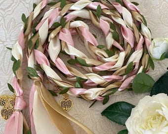 Pale Pink Ivory & Gold Handfasting Cord with Green Leaves, Irish Celtic Wedding Ribbon, Pagan Ritual Knot, Wiccan Hand Fasting Tie