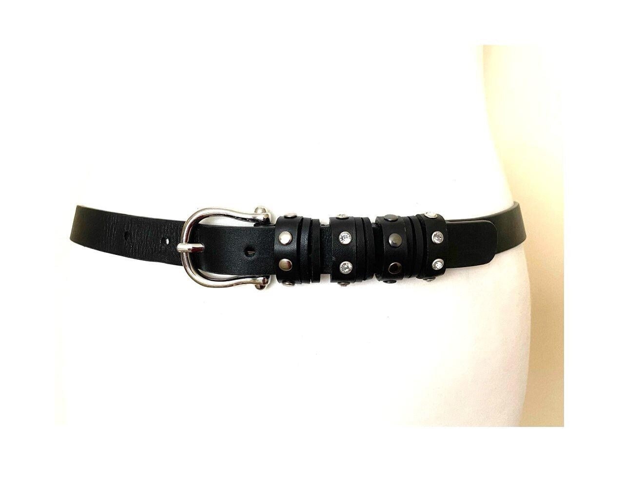 Vintage ESPRIT Skinny Leather Belt Studded Holder Black Skinny Leather belt, 31,5-35,4"/80-90cm