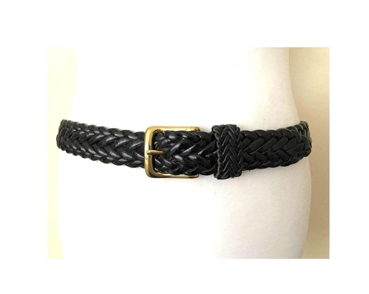 Vintage Black Braided Adjustable Leather Belt Golden Solid Brass
