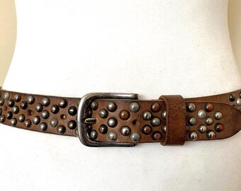 Vintage Studded Wide Brown Leather Belt High Low Waist Brass  display picture 3