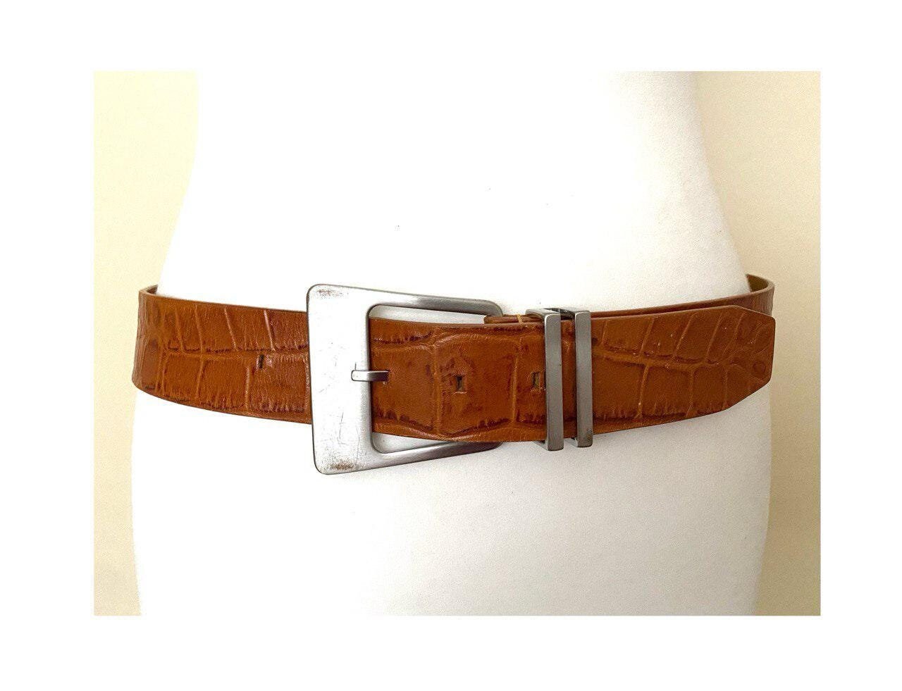 Vintage 80s Brown Crocodile Skin Statement Belt Made in El Salvador 33-34\
