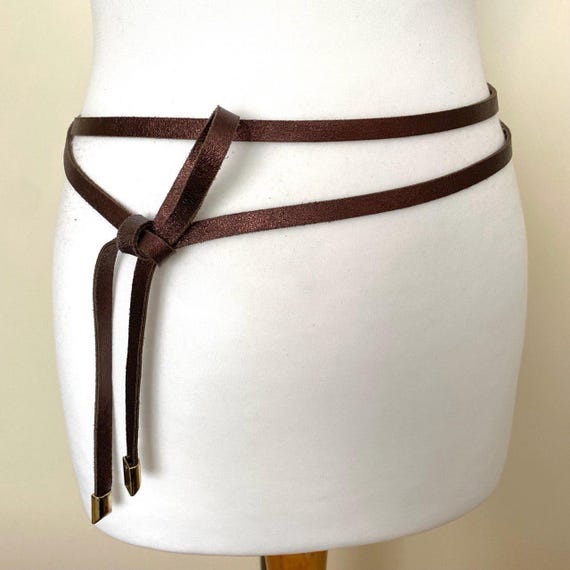 Vintage skinny belt 90s brown leather double wrap 1/2 main image 4