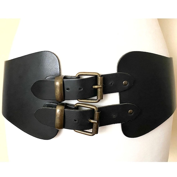 Vintage Extra Wide Leather Belt Waist Black Wide Double Strap