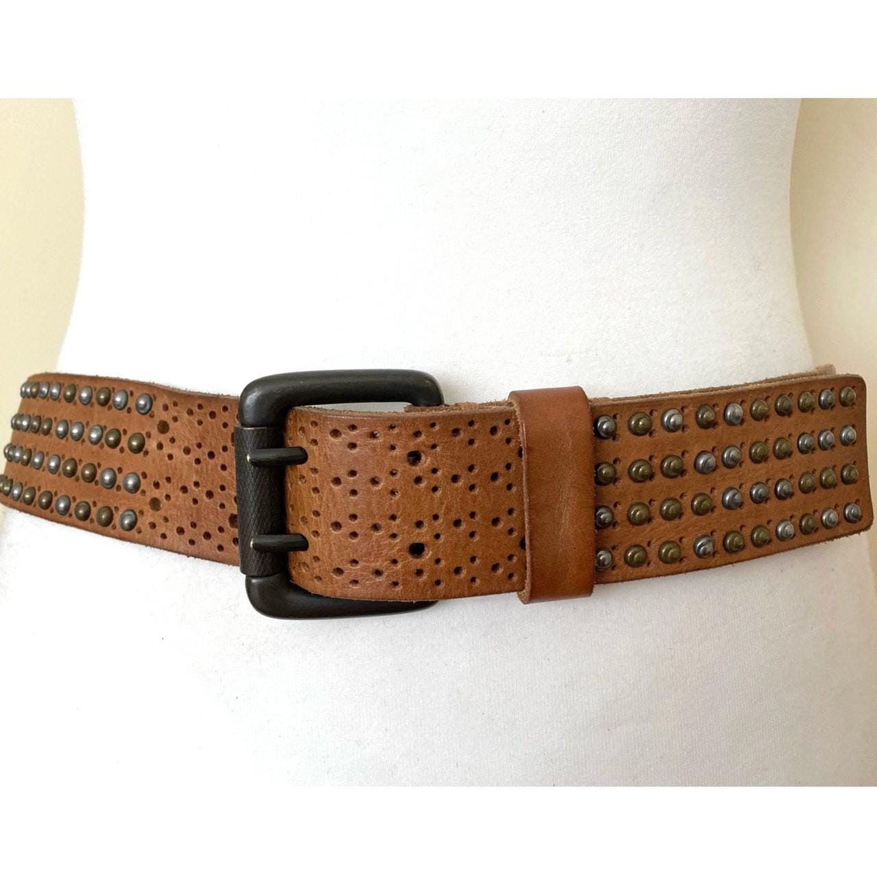 Vintage 1980\'s Double Ring Bronze Tan Leather Studded Belt Vintage Embellished Leather Belt: 80s-90s Western Studded  main image 2