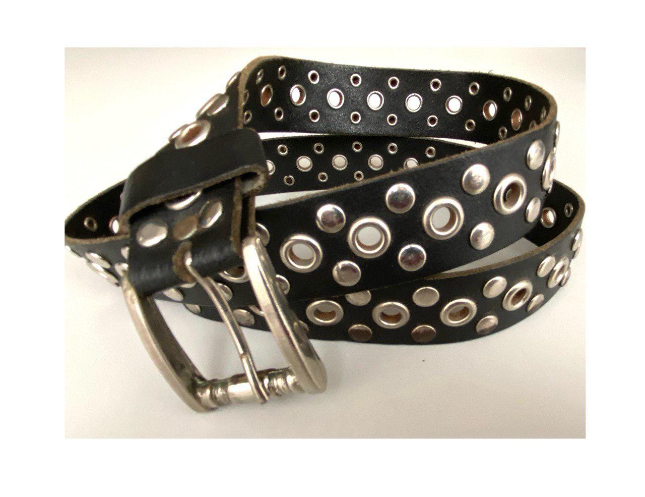 Vintage 70s 80s Studded Grommet Black Leather Belt Western  display picture 2
