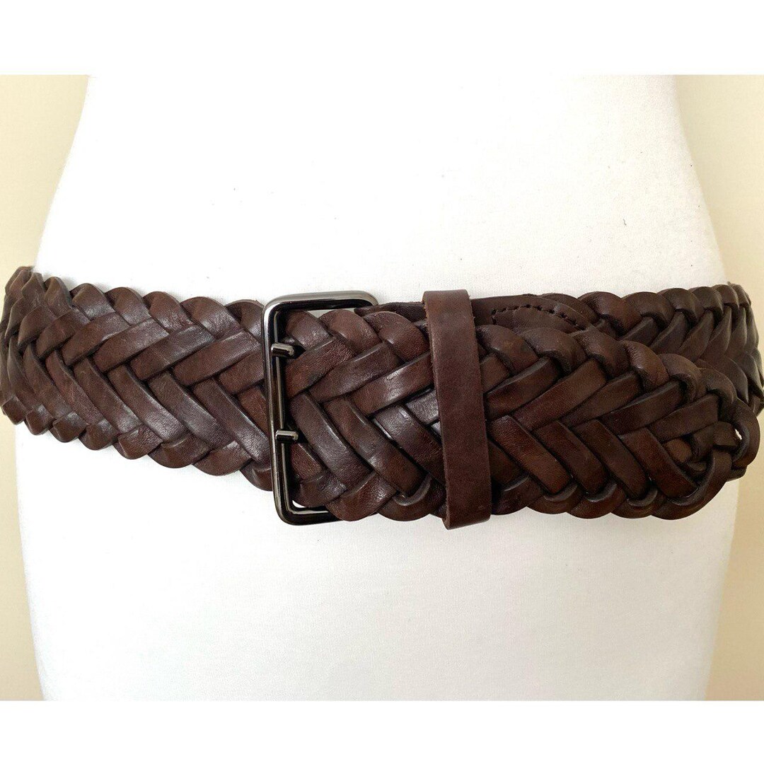 Vintage BLUE Braided Leather Belt Wide Brown Double Prong  display picture 1