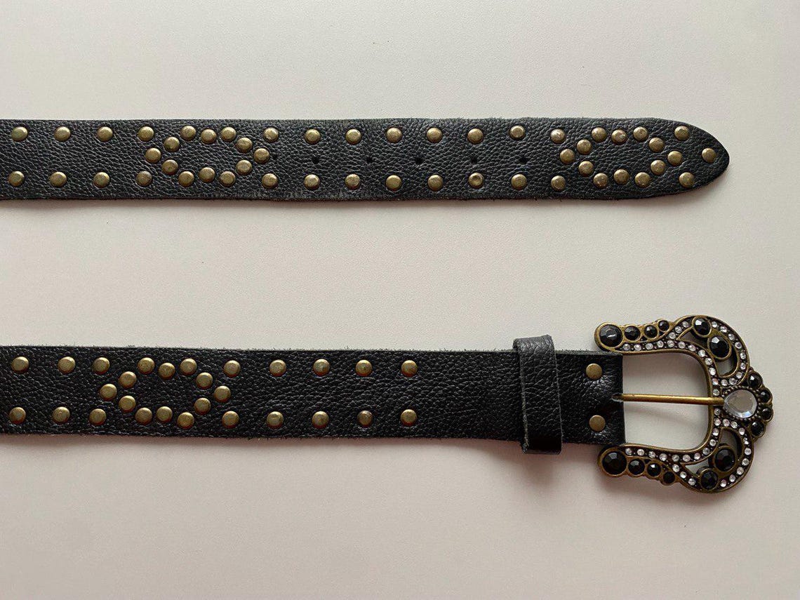 Vintage 80s 90s Studded Western Cowboy Rocker Leather Belt Gothic Black ...