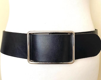 Vintage Wide High Low Waist Black Leather Belt, Size M