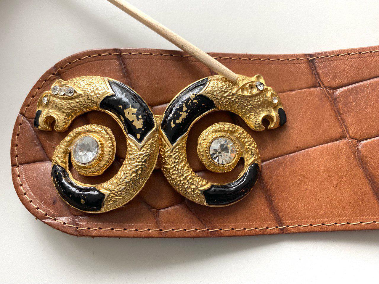 Vintage Genuine Lambskin Leather belt with panther heads made in Paris, France Vintage Panther Buckle Wide Brown Asymmetrical Leather Belt  main image 3