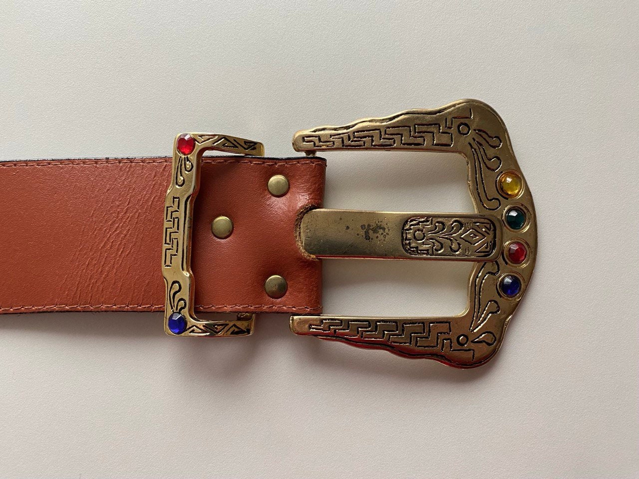 Vintage Brown Leather Wide Belt Gold Rhinestone by Robinia Size 80/Small Vintage Wide Brown Leather Belt With Golden Rhinestones  main image 4