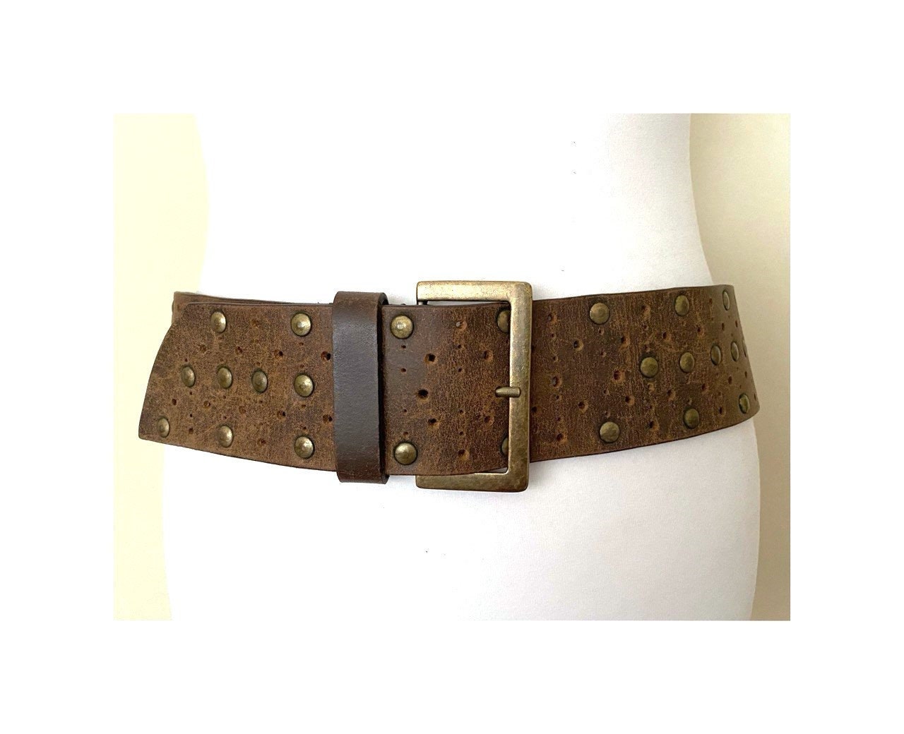 37” Cut out Brown Leather Studded Belt in EUC Wide Brown Real Leather Studded Belt by Marks & Spencer - Etsy main image 3