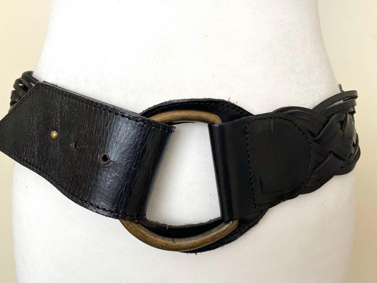 Vintage Handmade Calder NYC Wide Black Leather Waist Belt Brass Closure Boho Craft Black Leather Wide Belt, 1.75 Handmade American Thick  main image 4