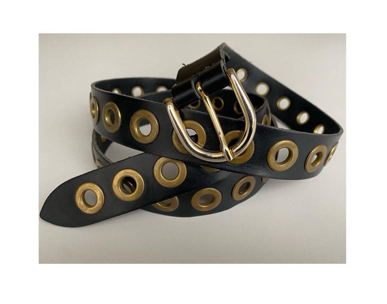 PLUS SIZE Vintage Skinny Grommets Dark Brown Leather Belt  display picture 3