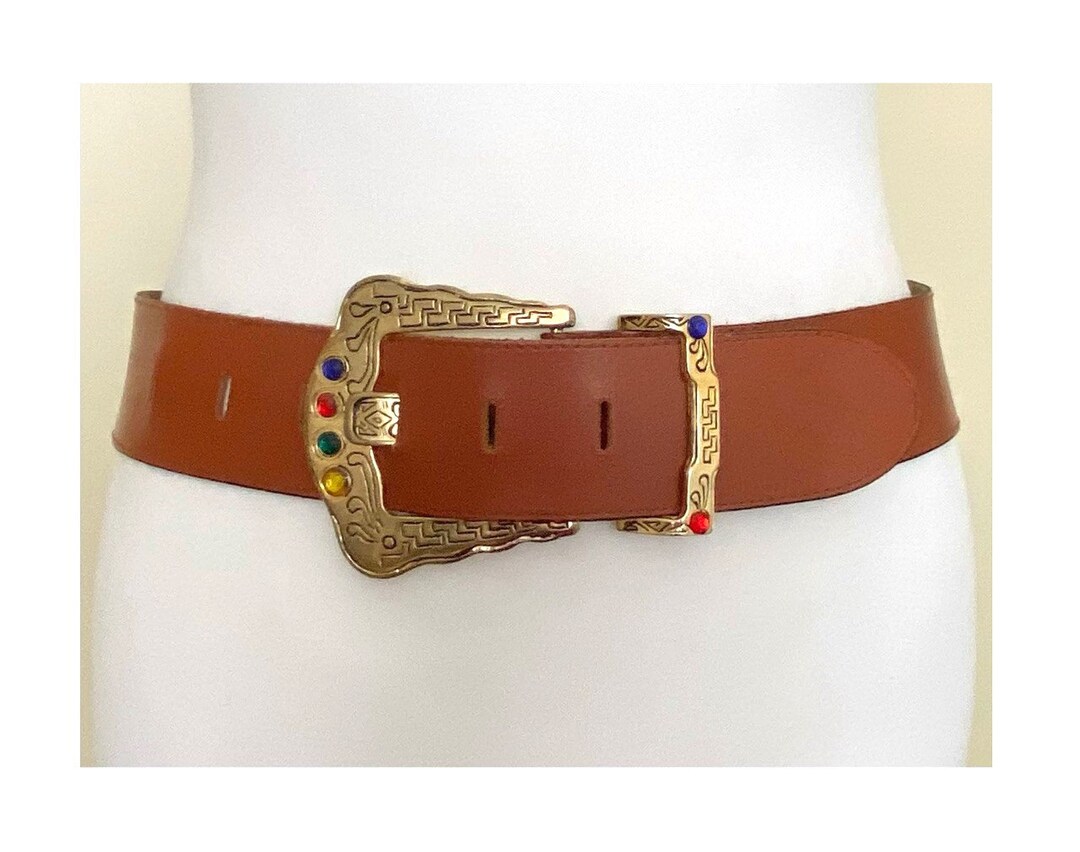 Vintage Wide Brown Leather Belt With Golden Rhinestones  display picture 2