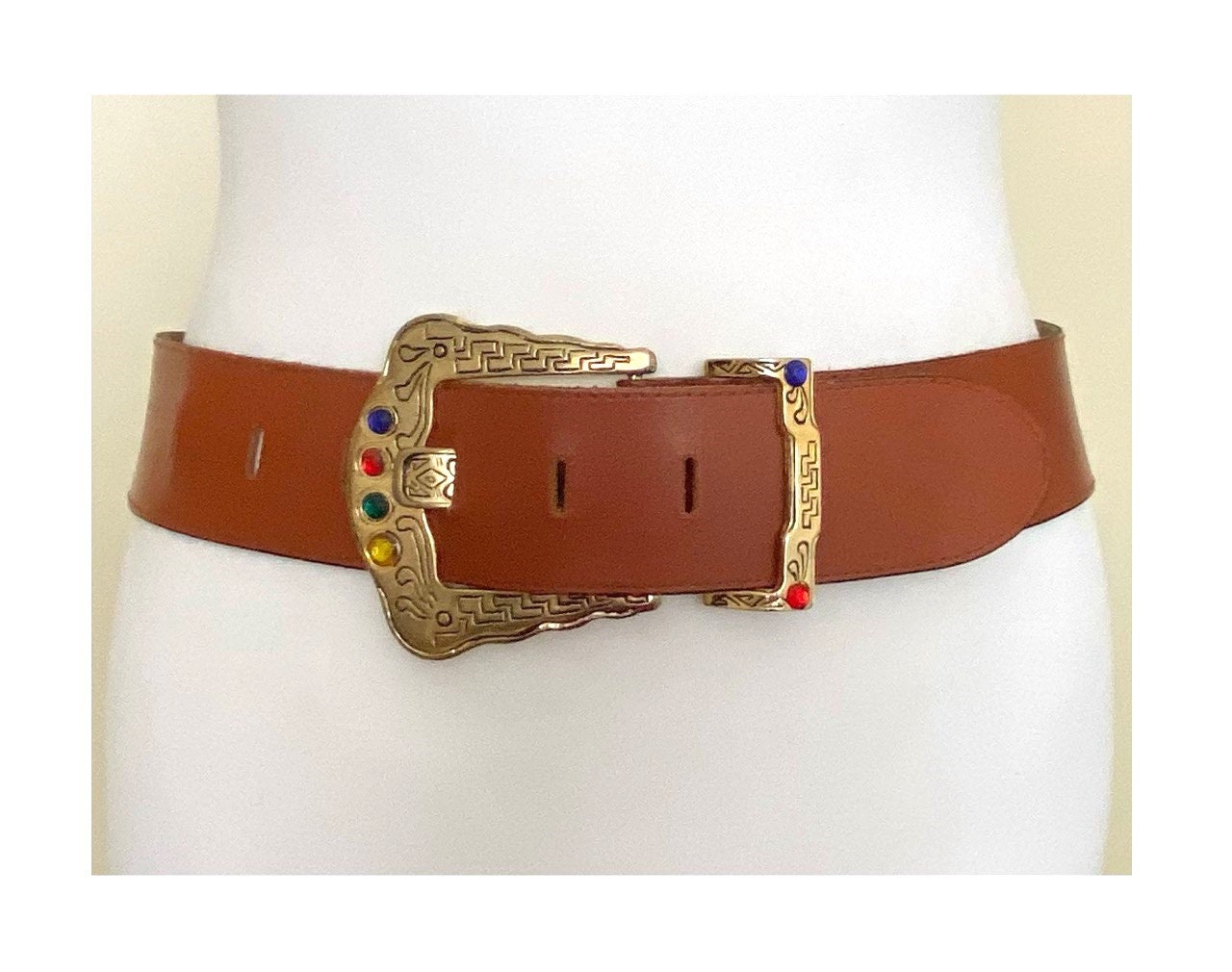ヴィンテージ ワイド ブラウン レザー ベルト、ゴールド ライン