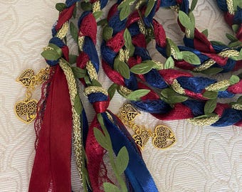 Navy Burgundy Gold Handfasting Cord with Green Leaves, Viking Custom Ritual Rope, Pagan Ceremony, Traditional Wedding Ribbon