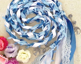 Cordón azul para ceremonia de unión de manos con hojas y encaje, cinta de boda azul y blanca, ceremonia de atado de manos, nudo celta irlandés, dijes personalizados.