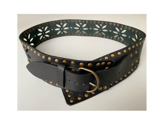 ヴィンテージ ワイド レザー ベルト ブラック スタッズ パンチング