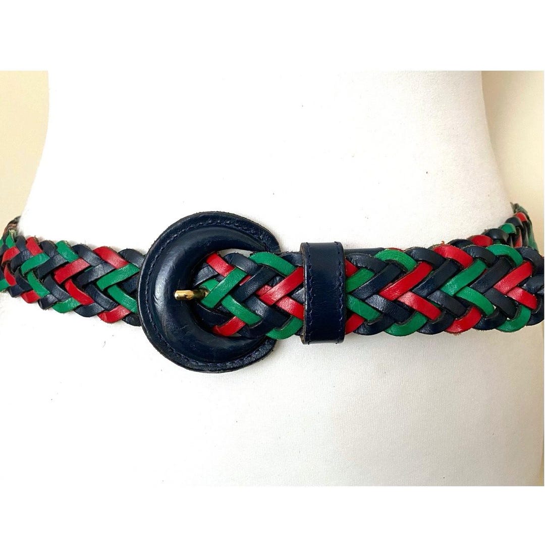 Vintage Italian braided leather belt navy green red woven adjustable Vintage Made in Italy Braided Leather Belt Multicolor Green  main image 2