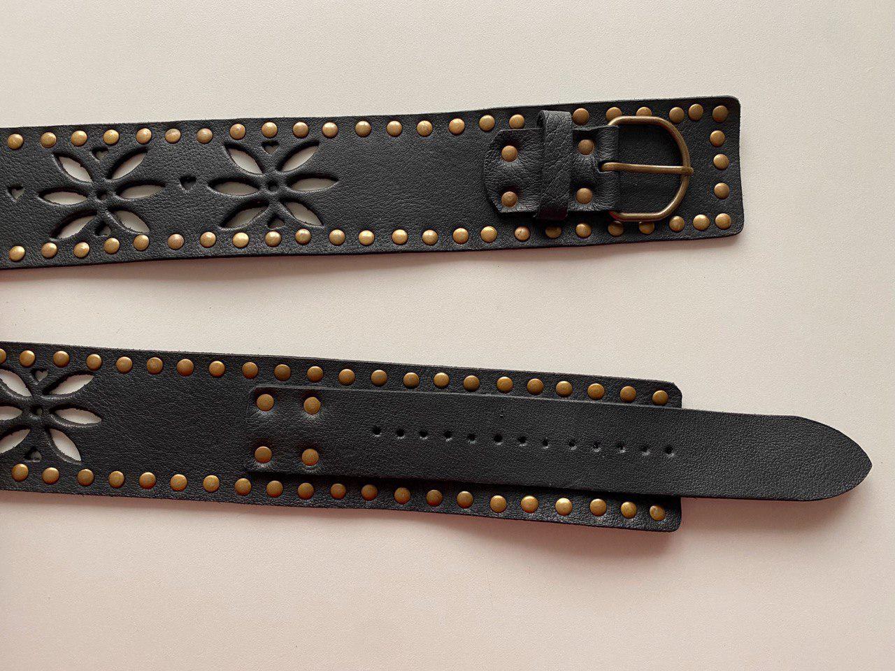 Vintage Unisex Black Leather Stitching-Embellished Belt 30 Handmade Black Leather Studded Belt 1.15in Peanuts Twist  main image 3