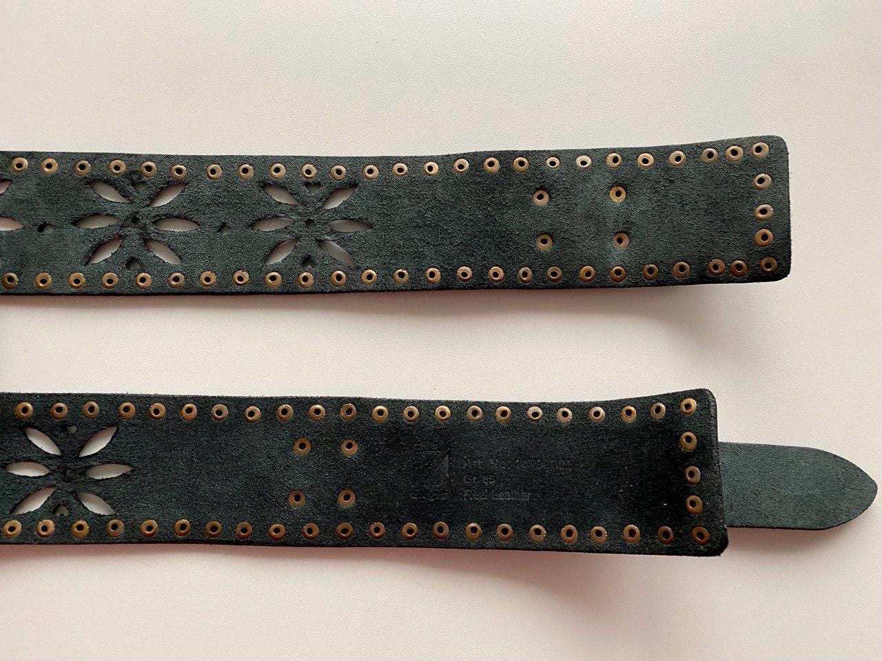 Vintage Wide Leather Belt Black Studded Perforated Wide  display picture 2