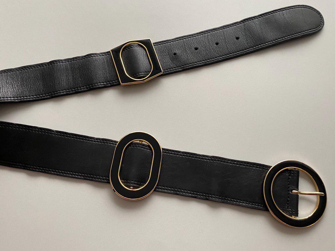 Vintage 90s Black Leather Belt With Black Golden Solid Metal 