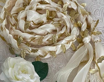 Creamy Ivory and Gold Handfasting Cord, Celtic Irish Wedding Ribbon with Gold Leaves, Custom Lace & Satin Ceremony Cord, Choice of Charms