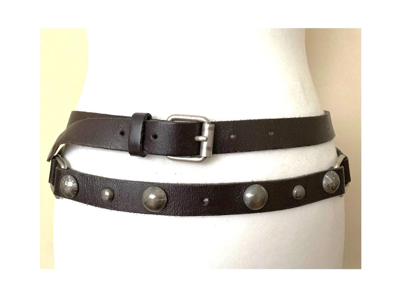 Vintage Skinny Double Wrap Leather Belt Dark Brown Studded  display picture 1