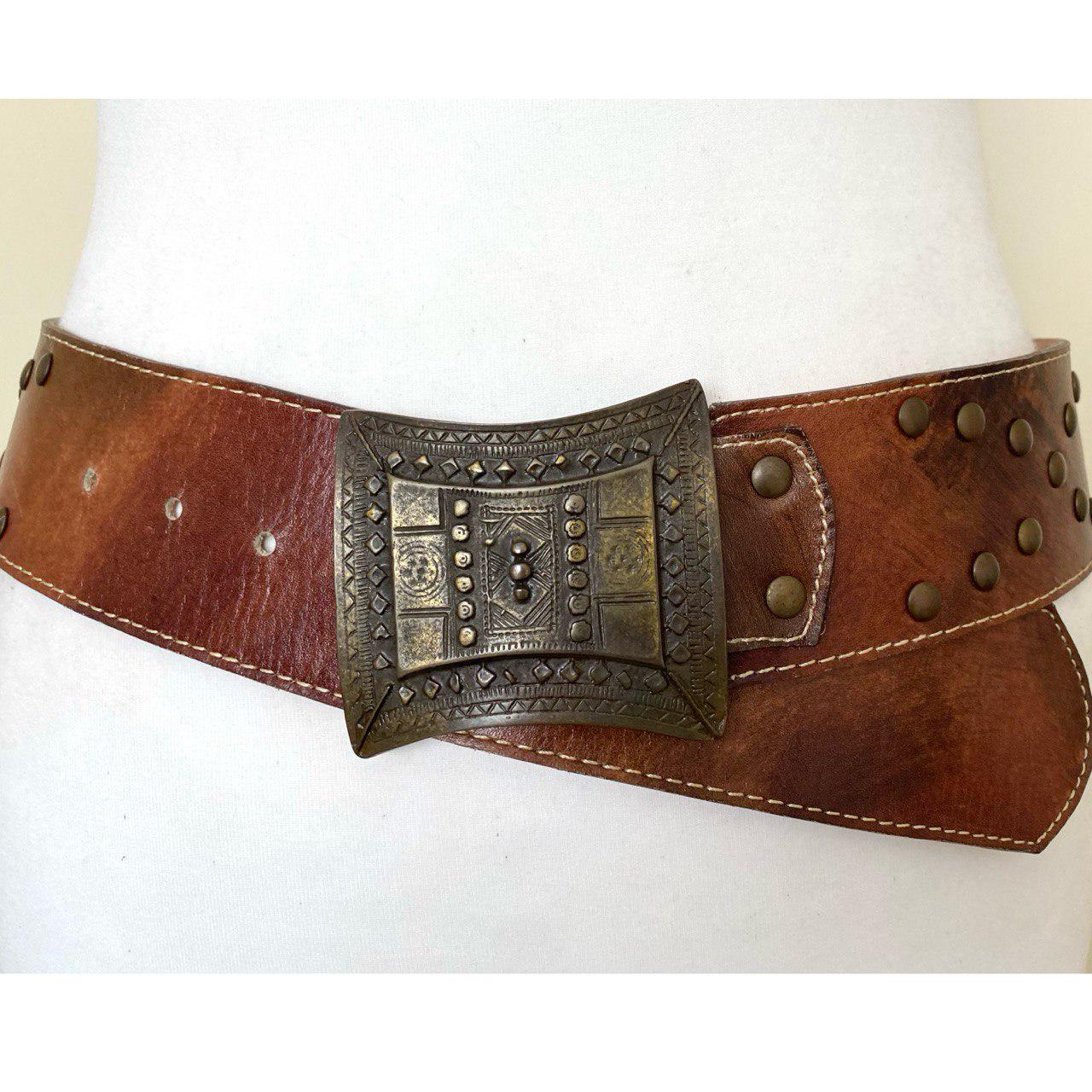 Vintage Leather and Brass Studded Belt Amazon.com: Snap On Three Row Punk Rock Star Metal  main image 3