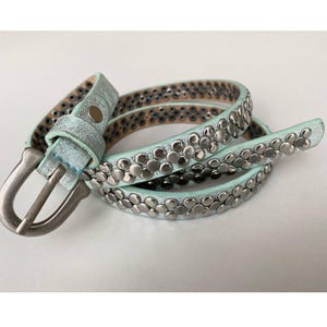 Vintage Studded Skinny PU Leather Belt Pale Turquoise Silver  display picture 1