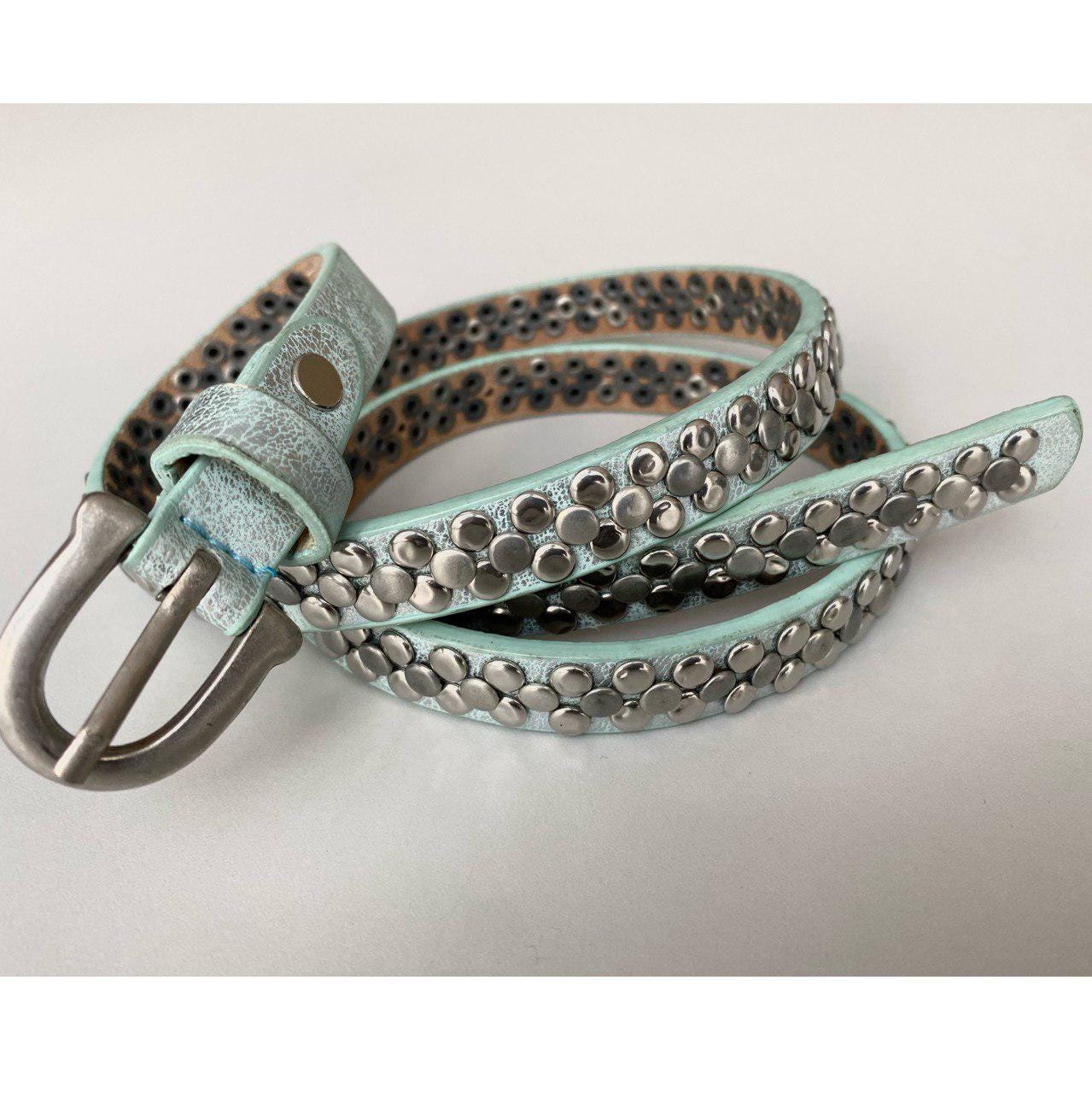 Vintage Studded Skinny PU Leather Belt Pale Turquoise Silver  display picture 3