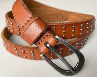 Vintage 1990s Womens Brown Leather Star Studded Skinny Western Belt Sz M Vintage 1990s Womens Brown Leather Star Studded Skinny  main image 3