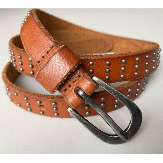 Vintage Silver Creek Studded Skinny Brown Leather Belt, 32,7  display picture 3