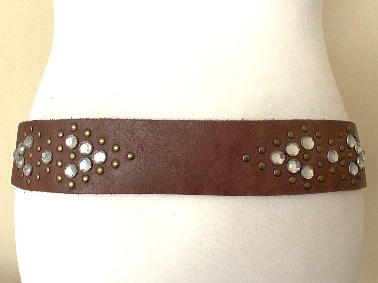 Vintage Western Wide Studded Rhinestone Brown Leather Belt, 37-41