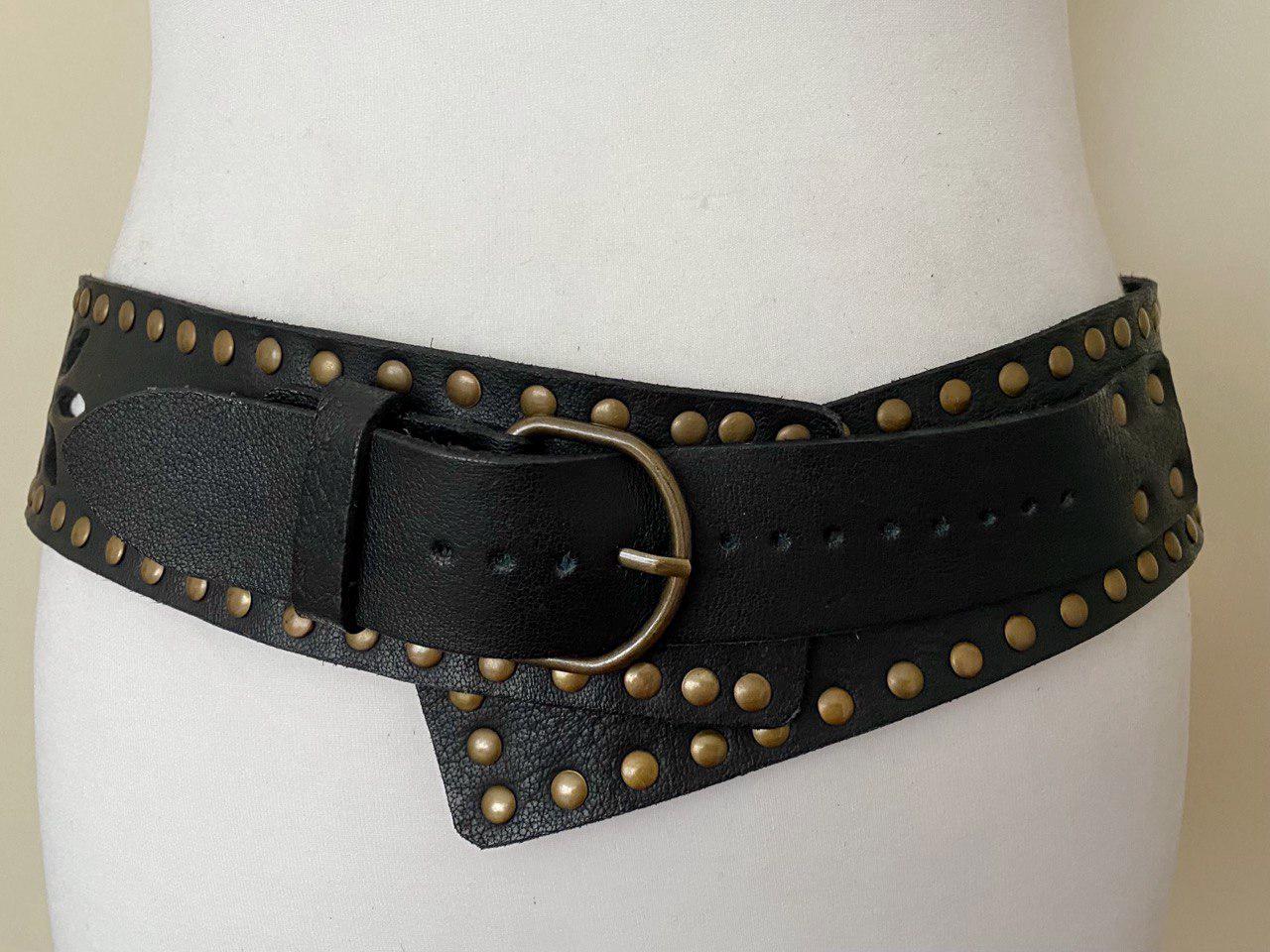 Vintage Wide Leather Belt Black Studded Perforated Wide 
