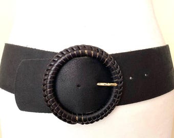 Vintage Italy Made Wide Nubuck Leather Belt with Heavy Metallic Buckle Wrapped in Braided Leather Black Italian Belt, 31,5-35,4"/80-90cm