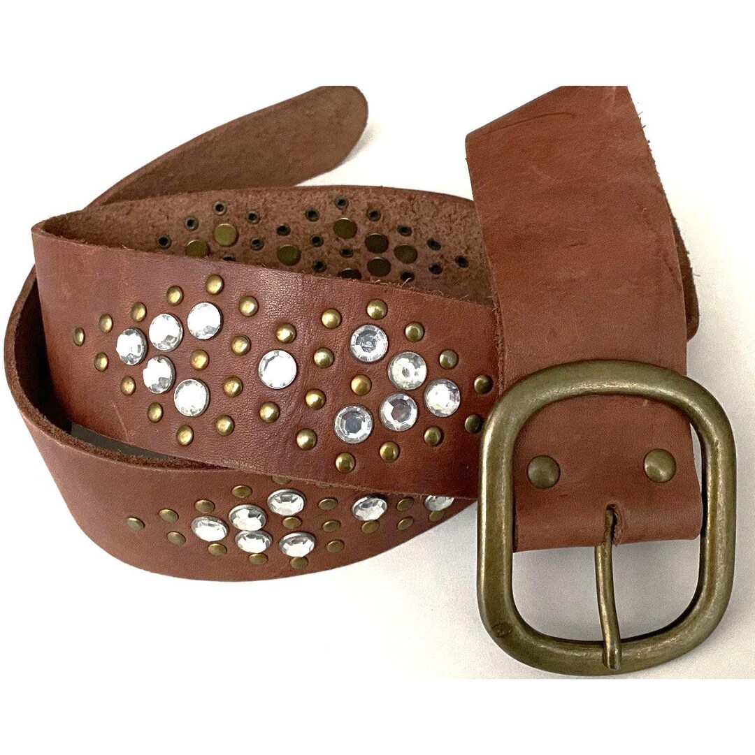 ベルト VINTAGE Full-Studs Leather Belt 84-94 Vintage Western Wide Studded Rhinestone Brown Leather Belt, 37-41
