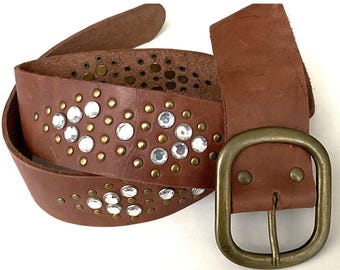 Vintage Western Wide Studded Rhinestone Brown Leather Belt  display picture 1