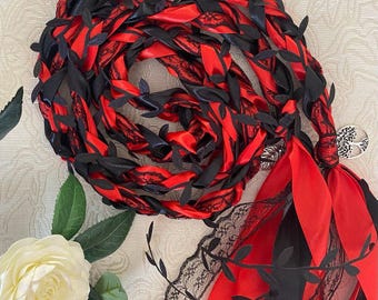 Red and Black Handfasting Cord with Leaves, Gothic Wedding Rope, Viking Ritual Cord, Celtic Pagan Vow Exchange, Wiccan Marriage Ribbon