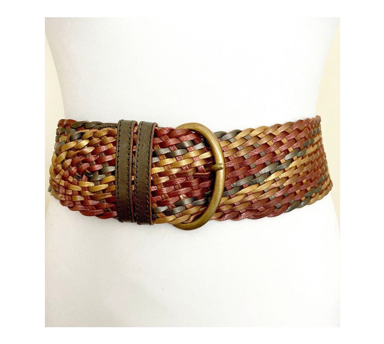 Vintage Petty Brown Gold Wide Woven Leather Belt Brown Woven Wide Belt With Round Gold Tone Buckle - Etsy main image 3