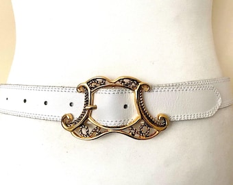 Vintage Italy Made White Leather Belt with Golden Metal Decorative Buckle, 28,3-35,4"/72-90cm