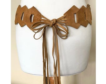 Blue Denim Belt, Long Suede Fringe 1970s | Trapunto Stitch