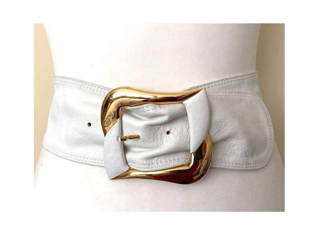 Wide Leather & Cloth 90’s Belt white and brown leather pinstripes stretchy M/L VINTAGE 90s Brown Leather Belt Colorful Multicolored Pink  main image 4