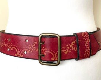 VINTAGE FISHER Red Braided Wester Leather Belt, Size 34 RED WESTERN LEATHER BELT. FLORAL EMBOSSED LEATHER BELT  main image 3