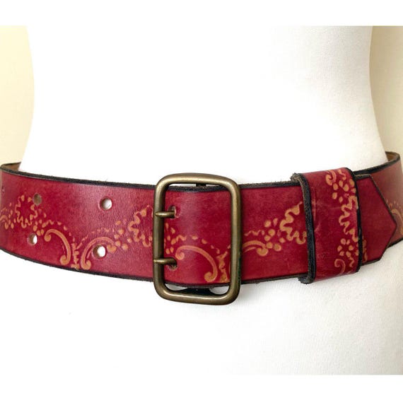 Vintage Tooled Leather Belt Burgundy Beige Leather Belt, 25  display picture 1