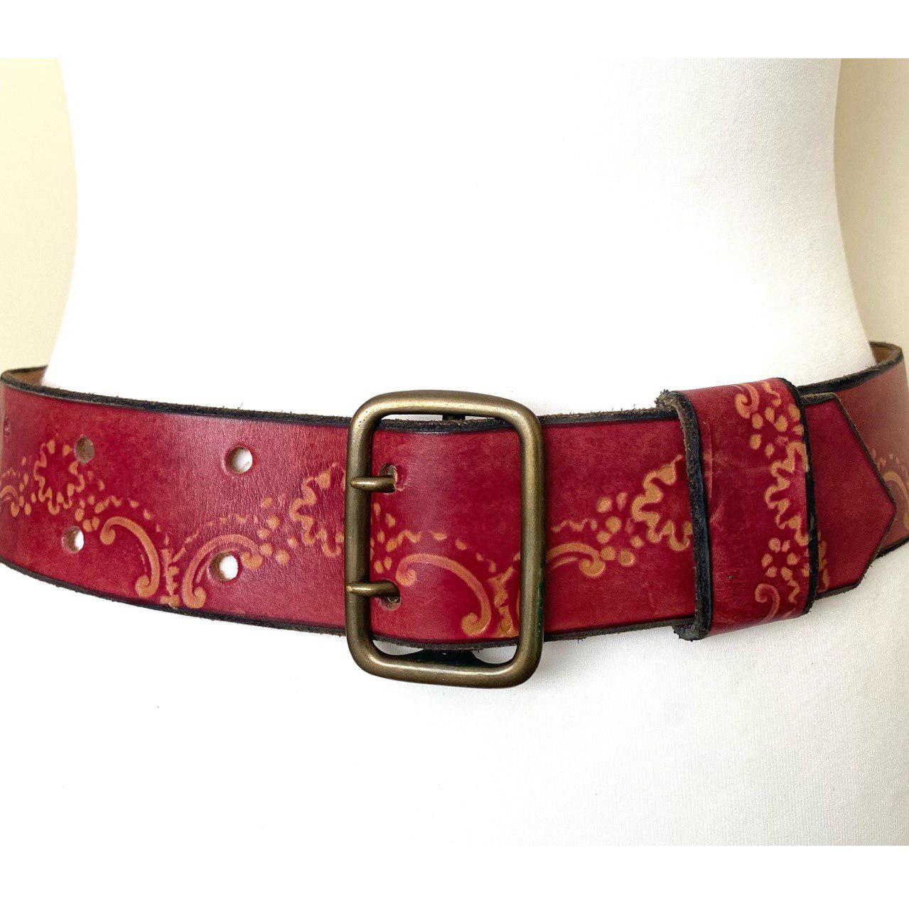 Vintage Tooled Leather Belt Burgundy Beige Leather Belt, 25 
