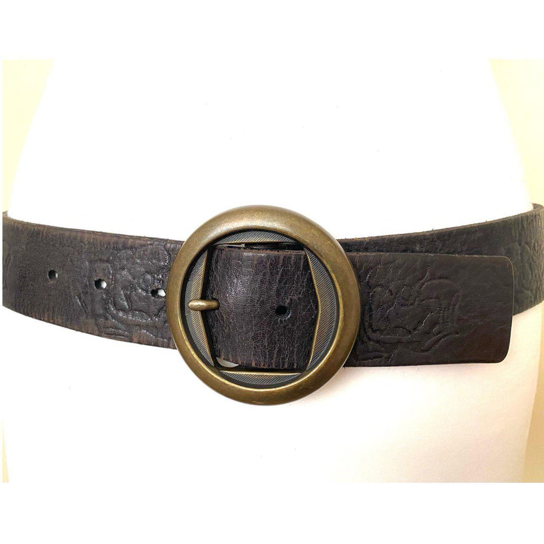 Vintage Brown & Brass Decorative Leather Belt Womens Embossed Circle Motif womens vintage western style wide belt bohemian wide - Temu main image 4