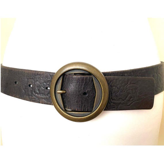 Vintage 90s Saddler Embossed Roses Leather Belt Dark Brown Heavy